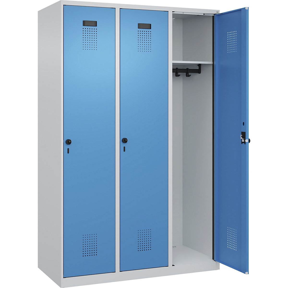 Armadietto Evolo PLUS – C+P, 3 scomparti, grigio chiaro / blu chiaro, largh. 1200 mm, con piedini a pavimento, serratura girevole-0