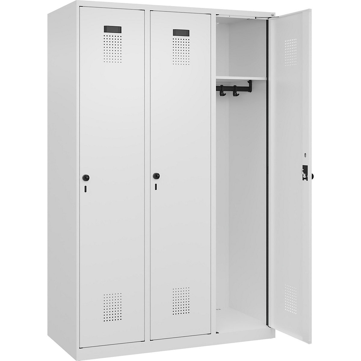 Armadietto Evolo PLUS – C+P, 3 scomparti, bianco traffico, largh. 1200 mm, con piedini a pavimento, serratura girevole-0