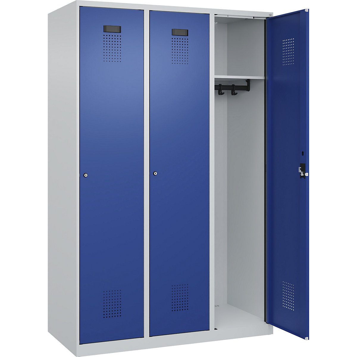 Armadietto Evolo PLUS – C+P, 3 scomparti, grigio chiaro / blu genziana, largh. 1200 mm, con piedini a pavimento, serratura a cilindro-0