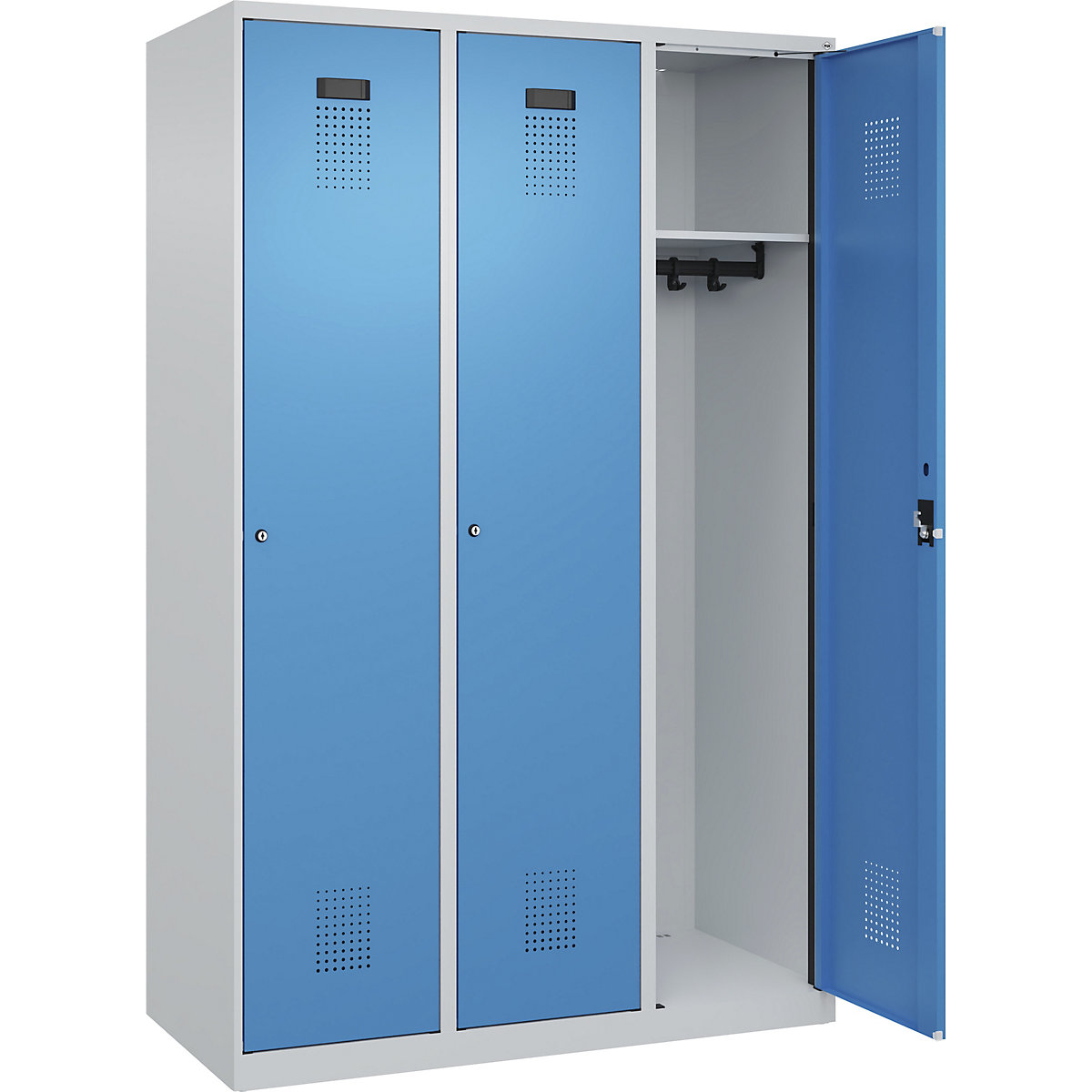 Armadietto Evolo PLUS – C+P, 3 scomparti, grigio chiaro / blu chiaro, largh. 1200 mm, con piedini a pavimento, serratura a cilindro-0
