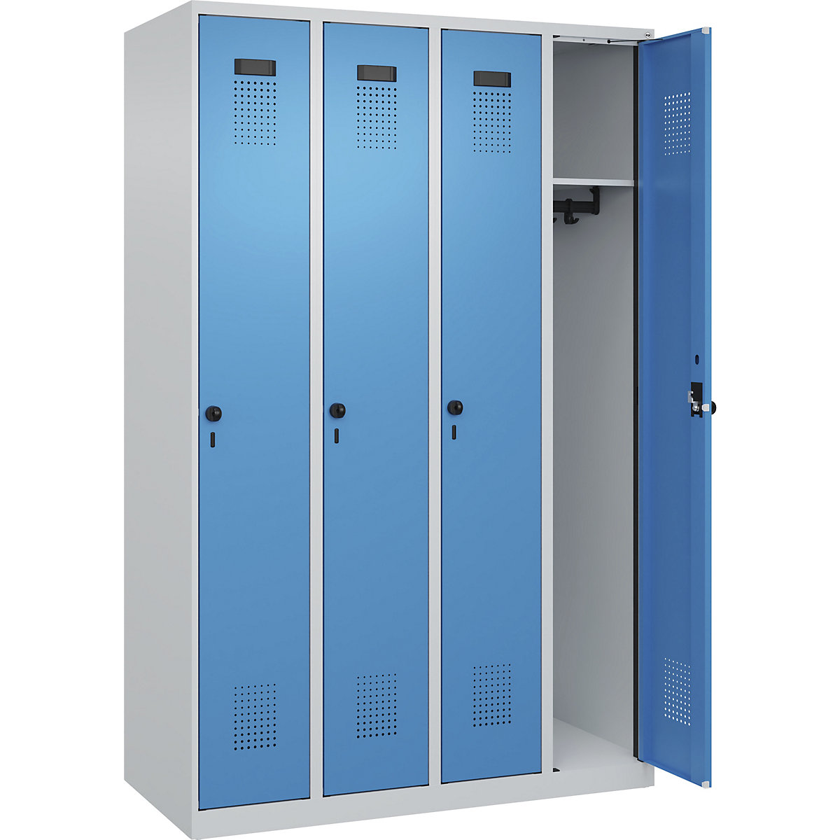 Armadietto Evolo PLUS – C+P, 4 scomparti, grigio chiaro / blu chiaro, largh. 1200 mm, con piedini a pavimento, serratura girevole-0