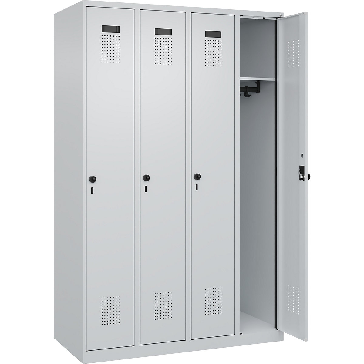 Armadietto Evolo PLUS – C+P, 4 scomparti, grigio chiaro, largh. 1200 mm, con piedini a pavimento, serratura girevole-0
