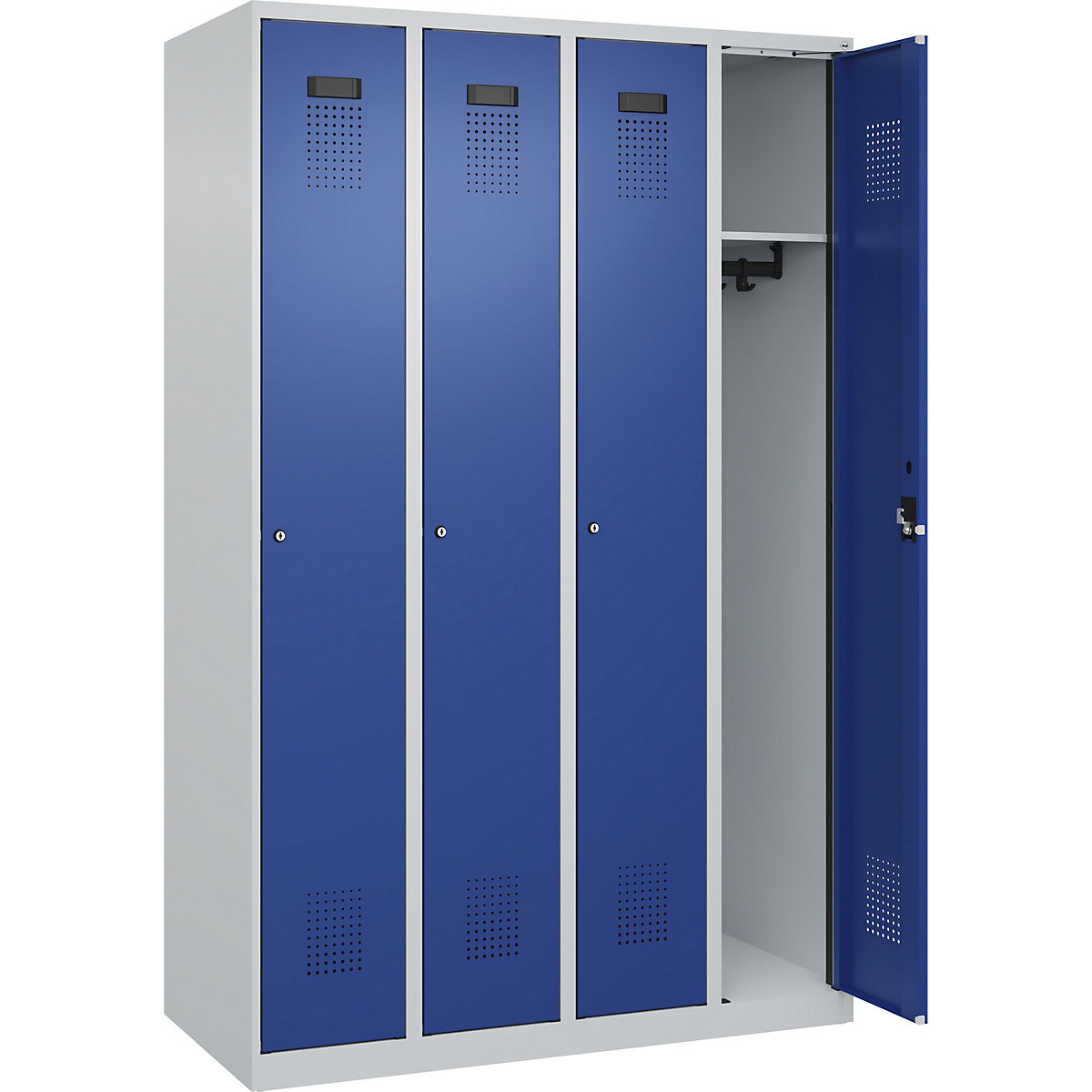 Armadietto Evolo PLUS – C+P, 4 scomparti, grigio chiaro / blu genziana, largh. 1200 mm, con piedini a pavimento, serratura a cilindro-0