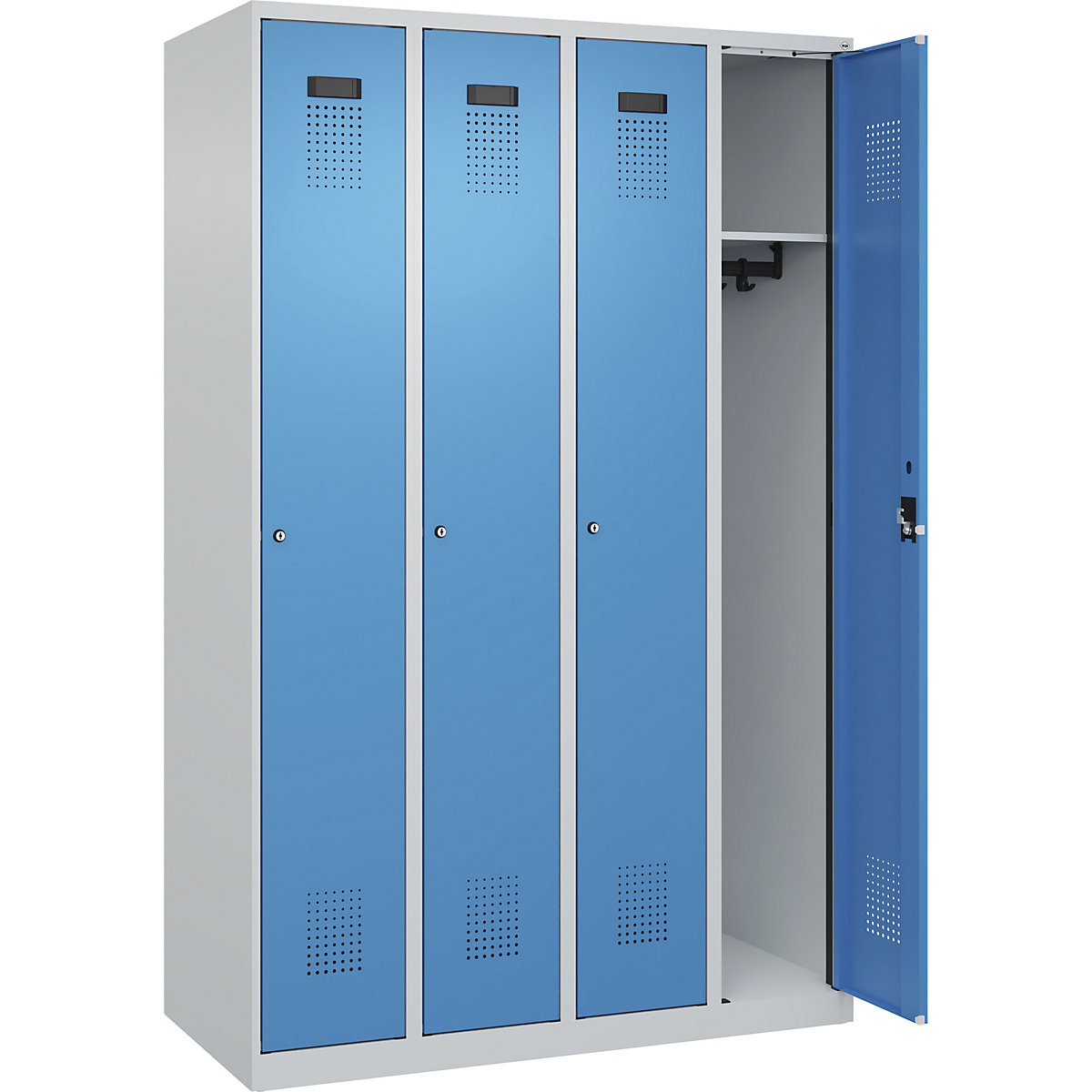 Armadietto Evolo PLUS – C+P, 4 scomparti, grigio chiaro / blu chiaro, largh. 1200 mm, con piedini a pavimento, serratura a cilindro-0