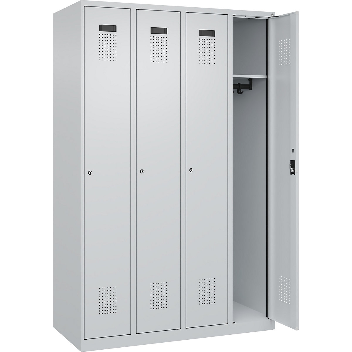 Armadietto Evolo PLUS – C+P, 4 scomparti, grigio chiaro, largh. 1200 mm, con piedini a pavimento, serratura a cilindro-0
