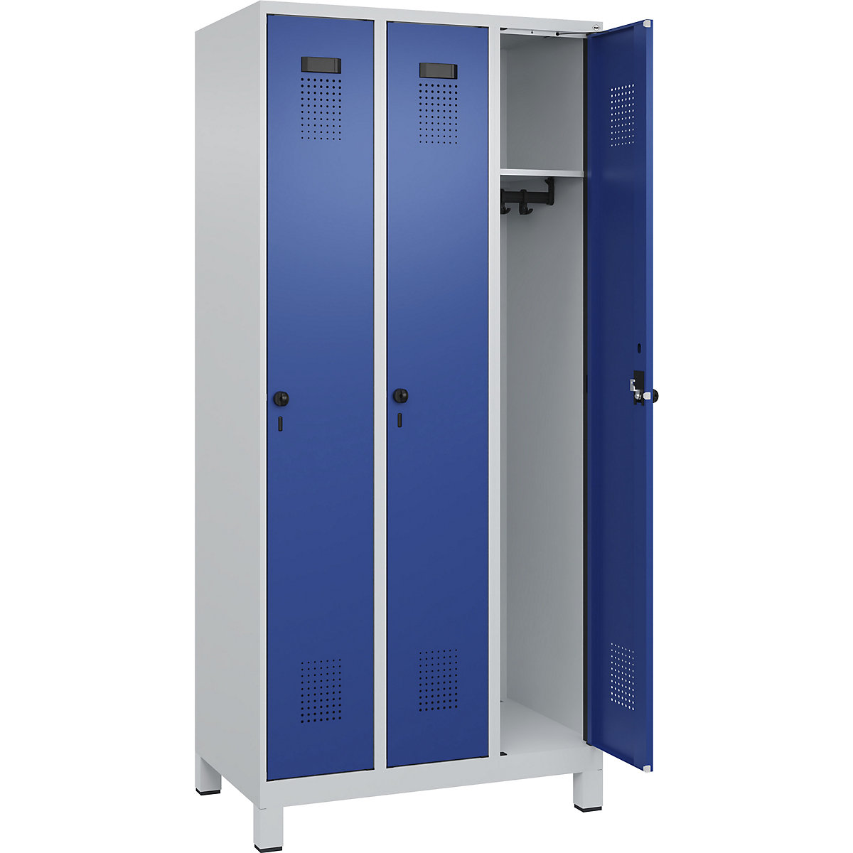 Armadietto Evolo PLUS – C+P, 3 scomparti, grigio chiaro / blu genziana, largh. 900 mm, con piedini larghi, serratura girevole-0