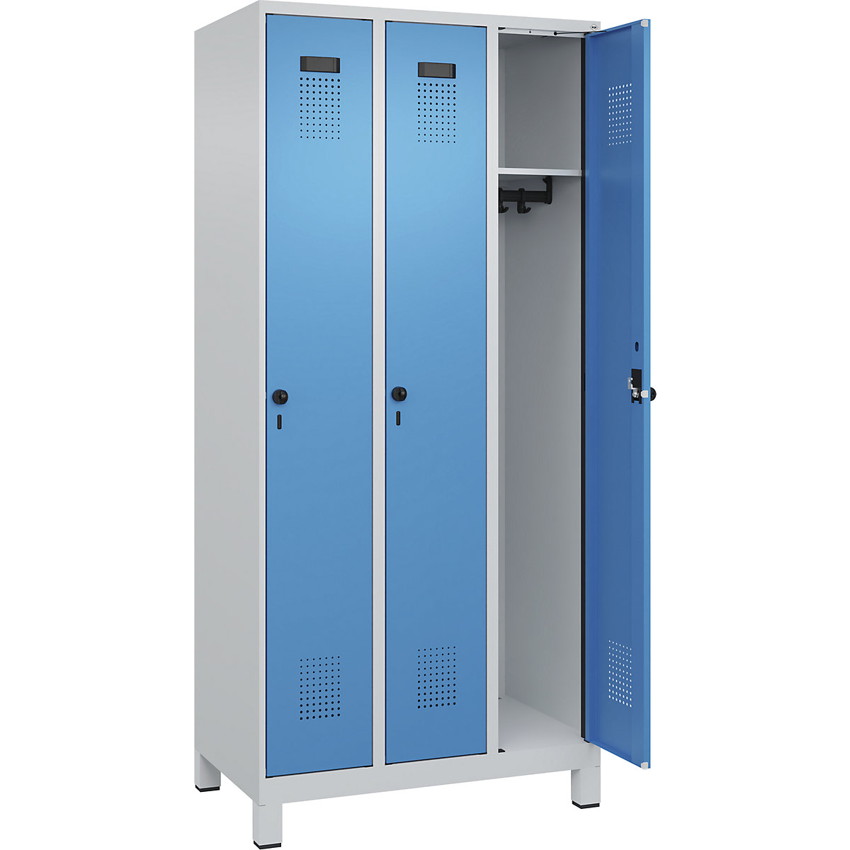 Armadietto Evolo PLUS – C+P, 3 scomparti, grigio chiaro / blu chiaro, largh. 900 mm, con piedini larghi, serratura girevole-0