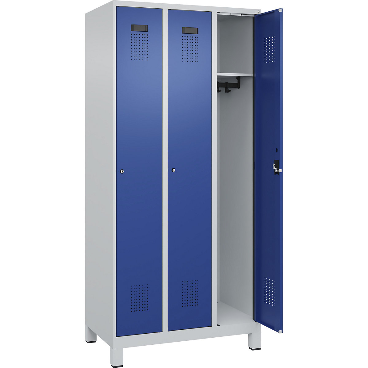 Armadietto Evolo PLUS – C+P, 3 scomparti, grigio chiaro / blu genziana, largh. 900 mm, con piedini larghi, serratura a cilindro-0