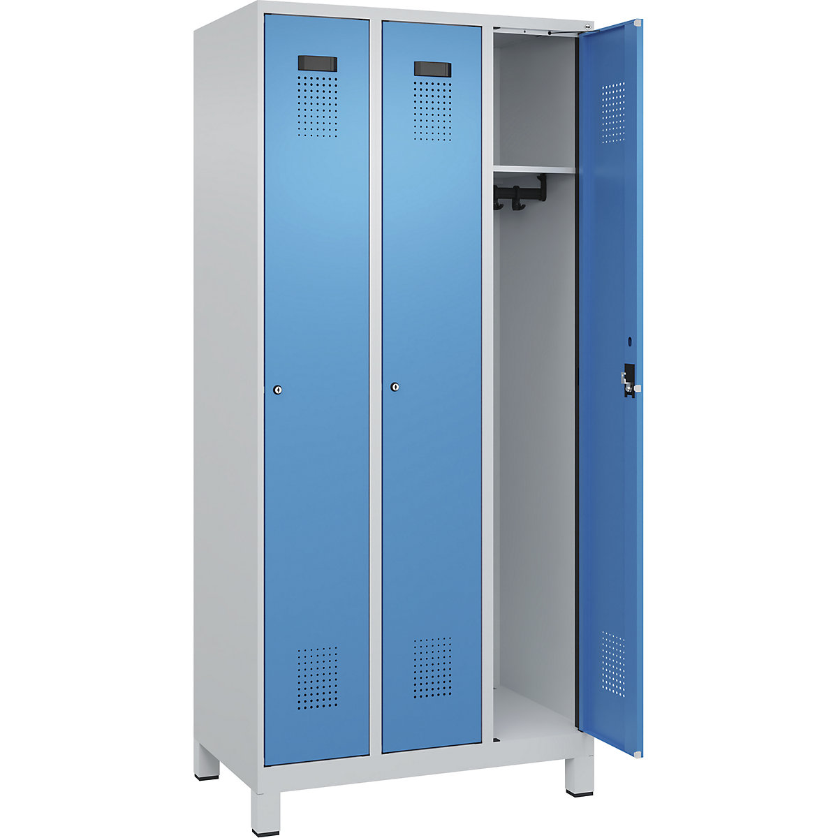 Armadietto Evolo PLUS – C+P, 3 scomparti, grigio chiaro / blu chiaro, largh. 900 mm, con piedini larghi, serratura a cilindro-0