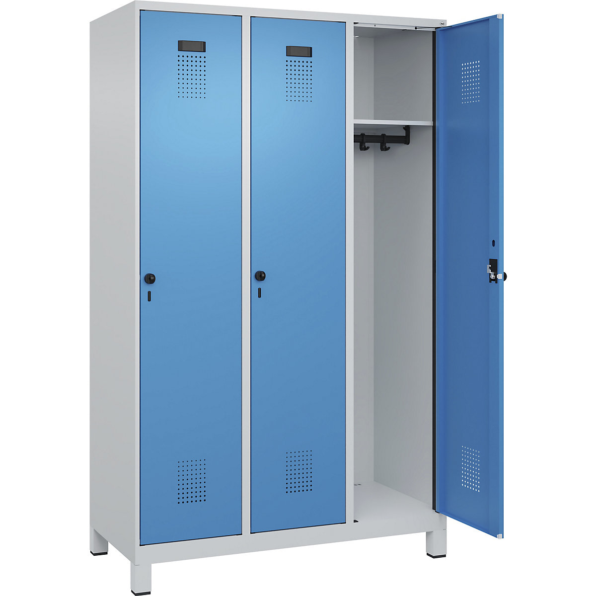 Armadietto Evolo PLUS – C+P, 3 scomparti, grigio chiaro / blu chiaro, largh. 1200 mm, con piedini larghi, serratura girevole-0