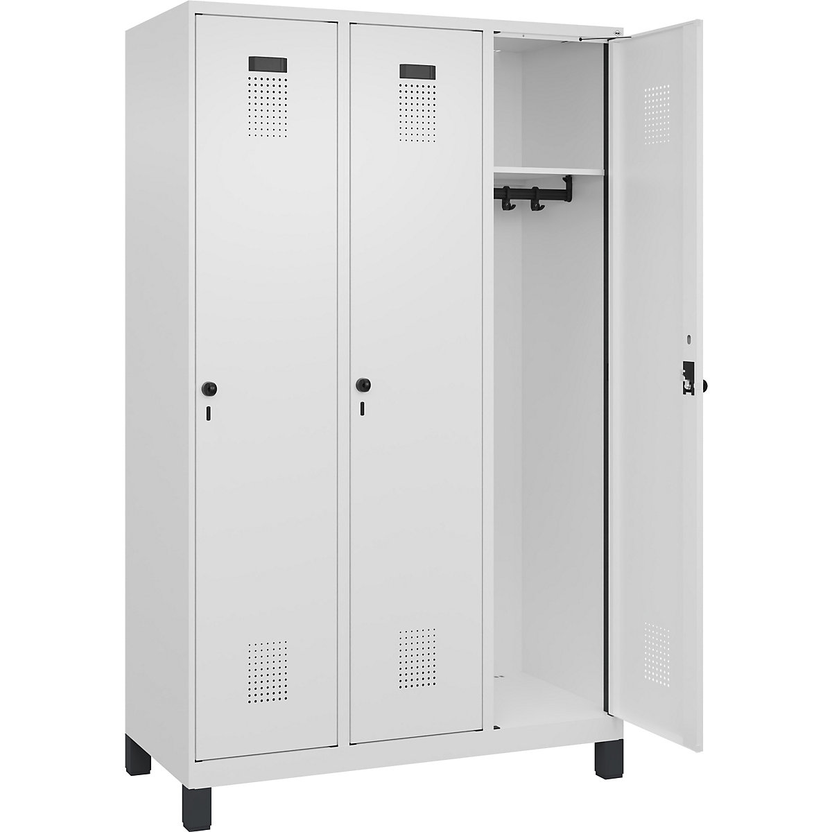 Armadietto Evolo PLUS – C+P, 3 scomparti, bianco traffico, largh. 1200 mm, con piedini larghi, serratura girevole-0