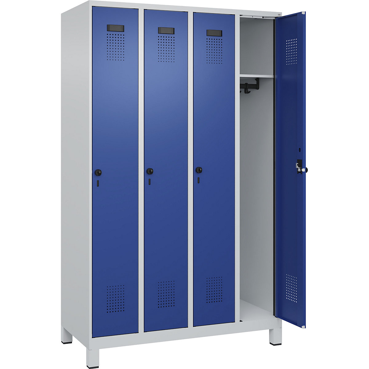 Armadietto Evolo PLUS – C+P, 4 scomparti, grigio chiaro / blu genziana, largh. 1200 mm, con piedini larghi, serratura girevole-0