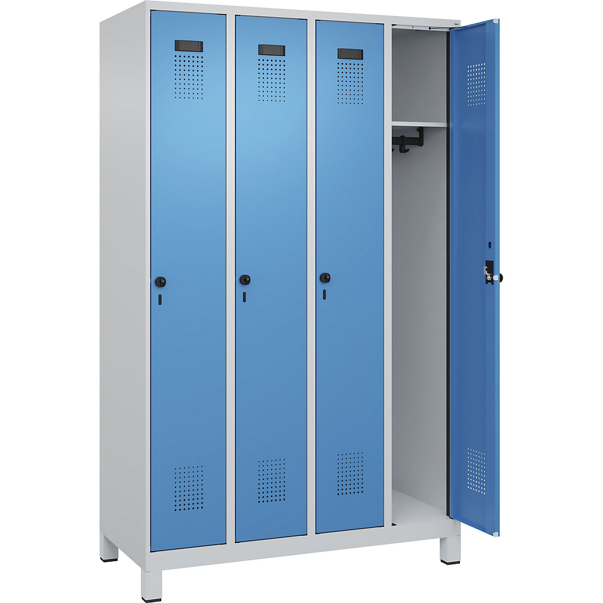 Armadietto Evolo PLUS – C+P, 4 scomparti, grigio chiaro / blu chiaro, largh. 1200 mm, con piedini larghi, serratura girevole-0