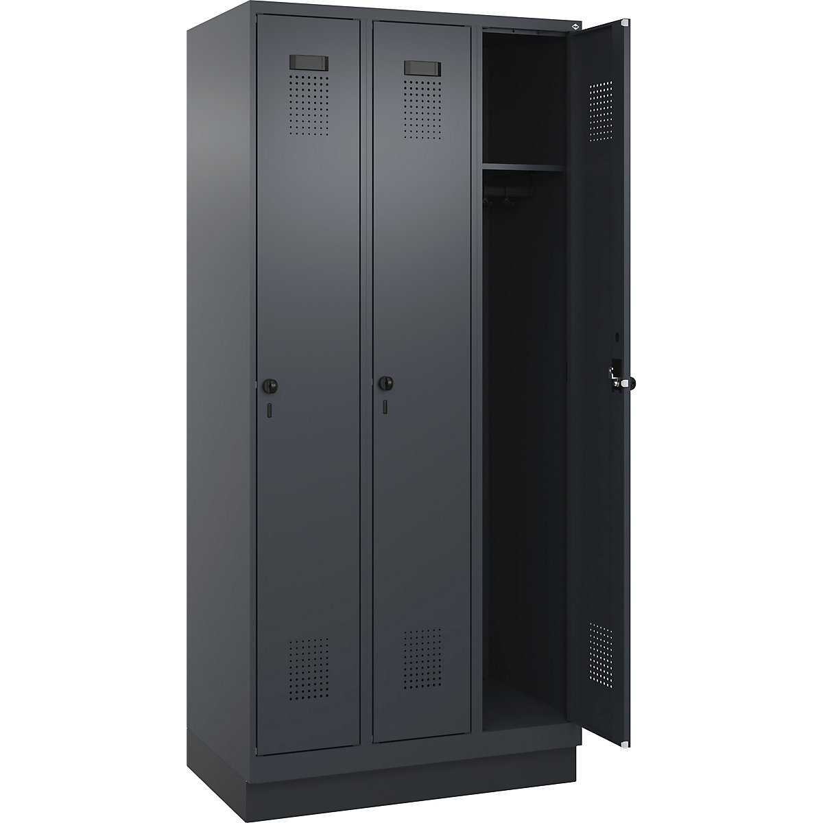 Armadietto Evolo PLUS – C+P, 3 scomparti, grigio, largh. 900 mm, con zoccolino, serratura girevole-0