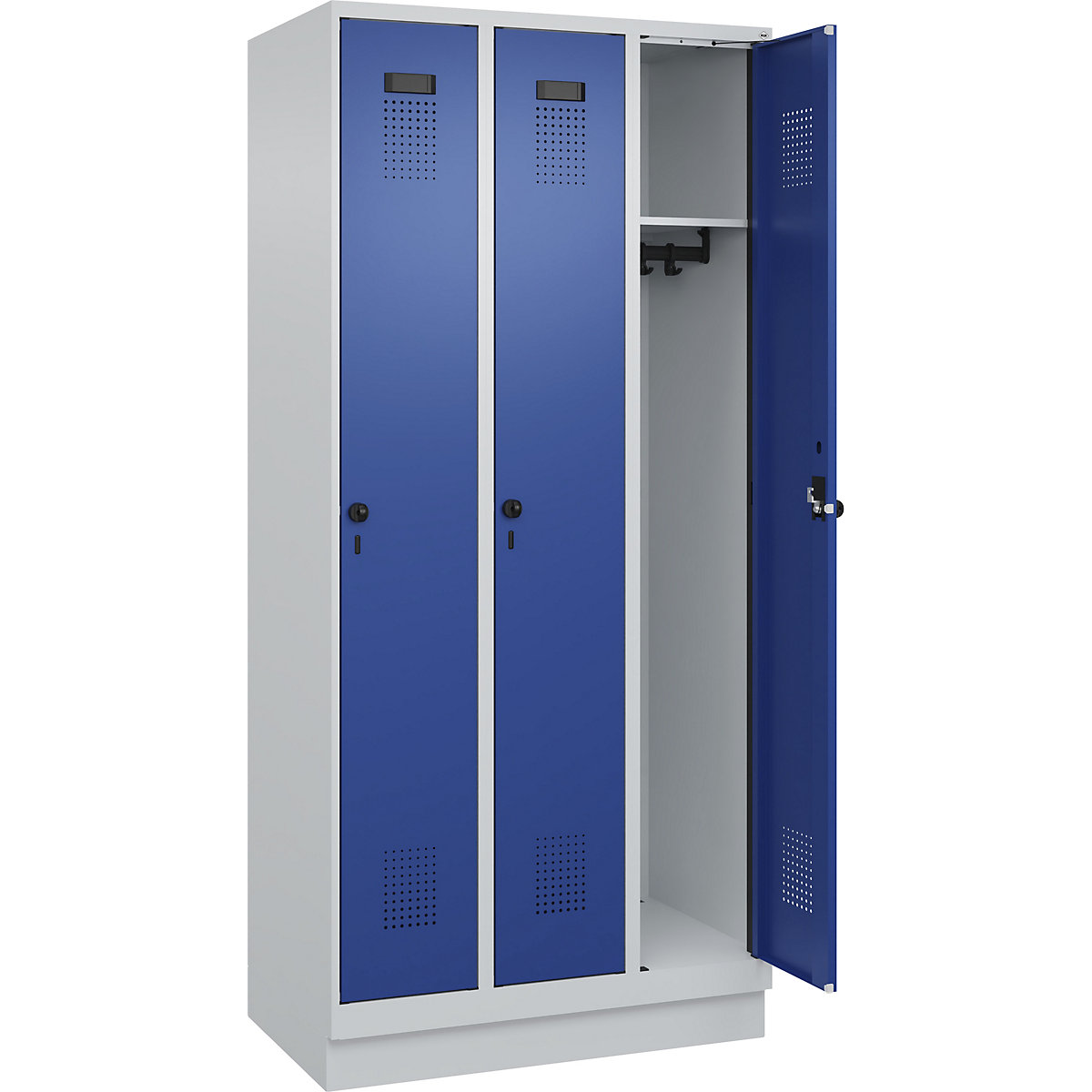Armadietto Evolo PLUS – C+P, 3 scomparti, grigio chiaro / blu genziana, largh. 900 mm, con zoccolino, serratura girevole-0
