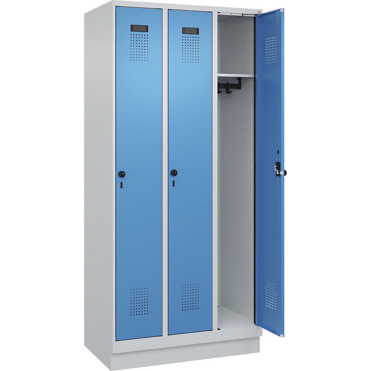 Armadietto Evolo PLUS – C+P, 3 scomparti, grigio chiaro / blu chiaro, largh. 900 mm, con zoccolino, serratura girevole-0