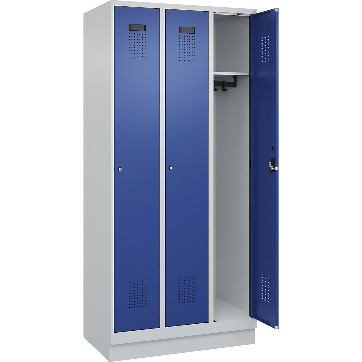 Armadietto Evolo PLUS – C+P, 3 scomparti, grigio chiaro / blu genziana, largh. 900 mm, con zoccolino, serratura a cilindro-0