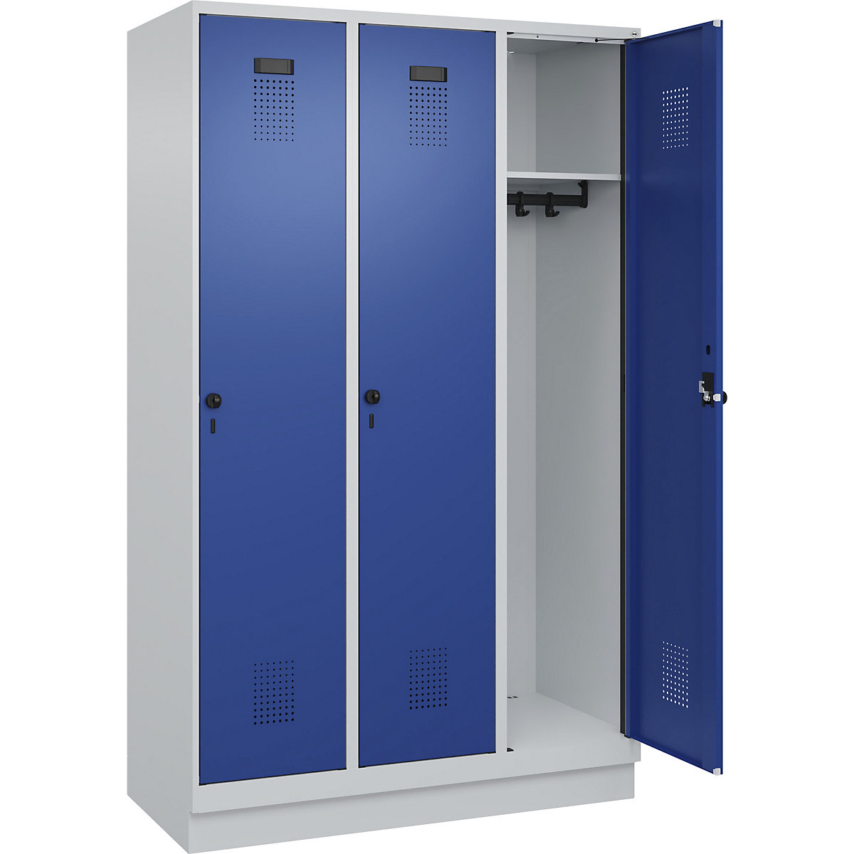 Armadietto Evolo PLUS – C+P, 3 scomparti, grigio chiaro / blu genziana, largh. 1200 mm, con zoccolino, serratura girevole-0