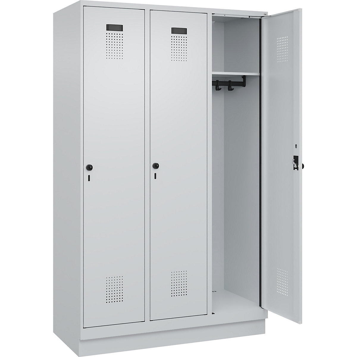 Armadietto Evolo PLUS – C+P, 3 scomparti, grigio chiaro, largh. 1200 mm, con zoccolino, serratura girevole-0
