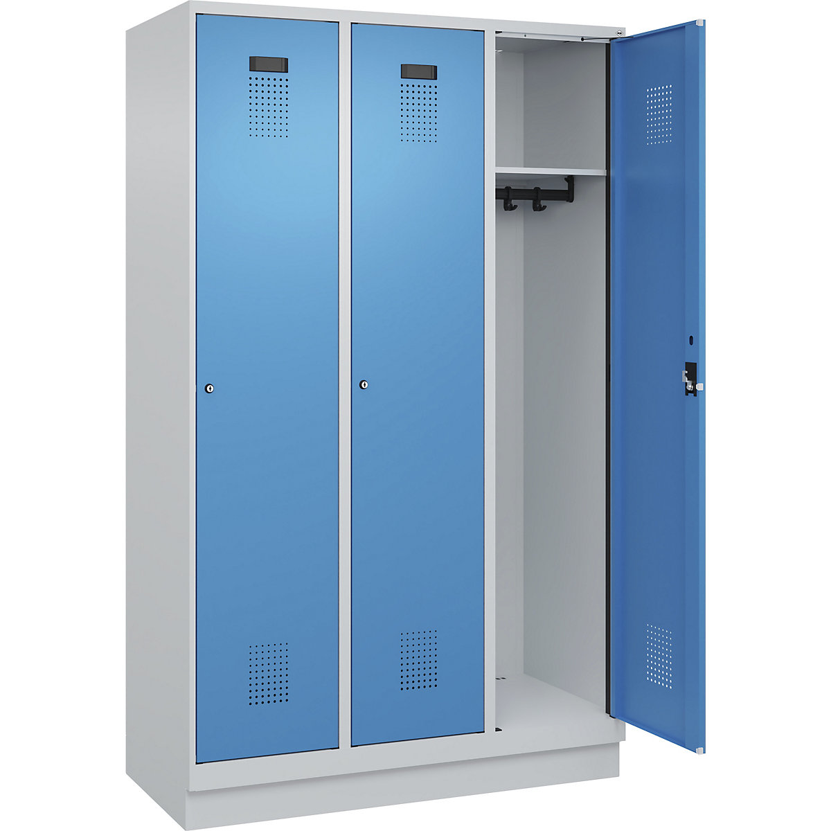 Armadietto Evolo PLUS – C+P, 3 scomparti, grigio chiaro / blu chiaro, largh. 1200 mm, con zoccolino, serratura a cilindro-0