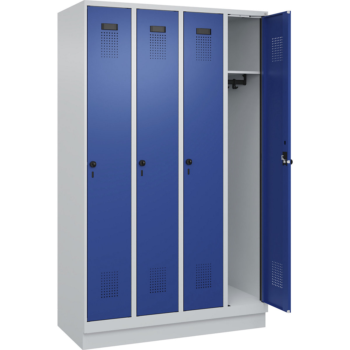 Armadietto Evolo PLUS – C+P, 4 scomparti, grigio chiaro / blu genziana, largh. 1200 mm, con zoccolino, serratura girevole-0