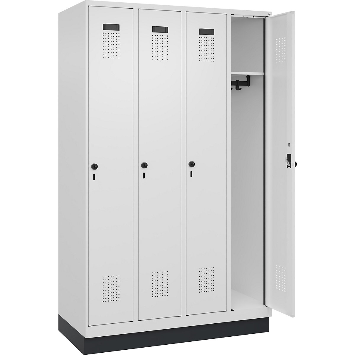 Armadietto Evolo PLUS – C+P, 4 scomparti, bianco traffico, largh. 1200 mm, con zoccolino, serratura girevole-0