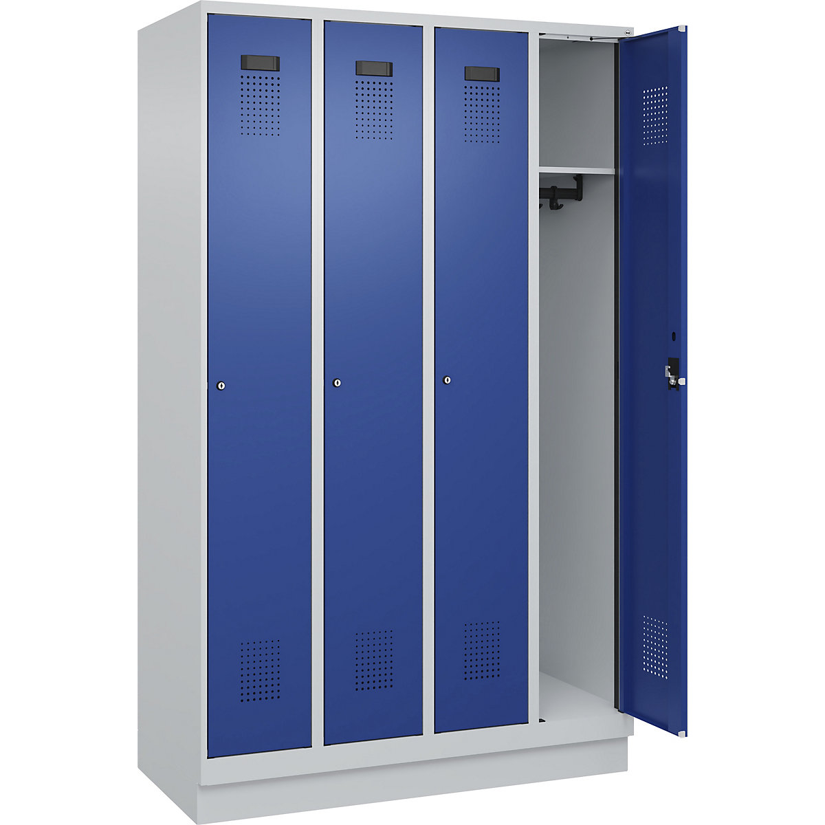 Armadietto Evolo PLUS – C+P, 4 scomparti, grigio chiaro / blu genziana, largh. 1200 mm, con zoccolino, serratura a cilindro-0