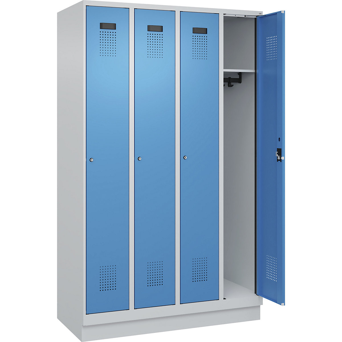 Armadietto Evolo PLUS – C+P, 4 scomparti, grigio chiaro / blu chiaro, largh. 1200 mm, con zoccolino, serratura a cilindro-0