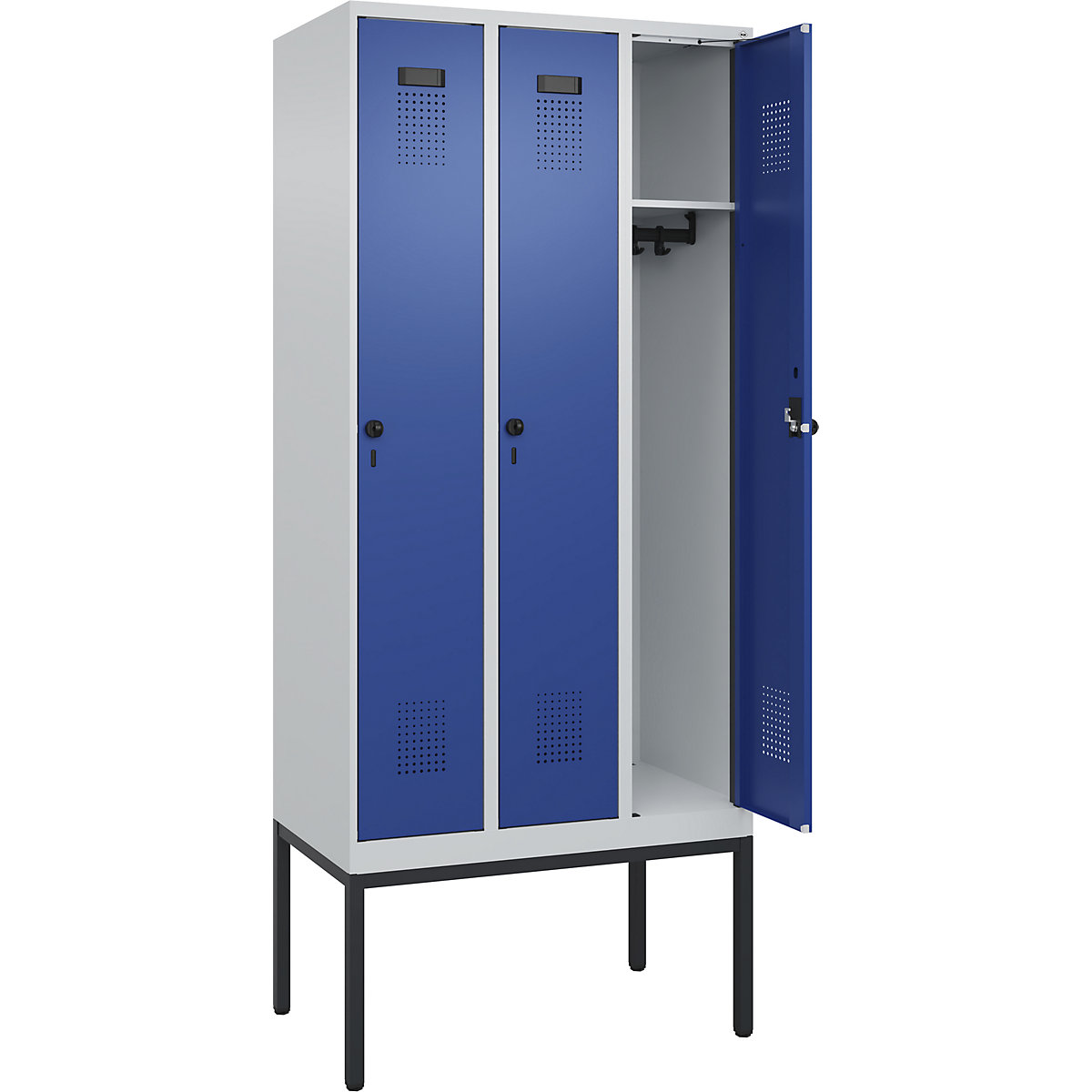 Armadietto Evolo PLUS – C+P, 3 scomparti, grigio chiaro / blu genziana, largh. 900 mm, con piedini stretti, serratura girevole-0