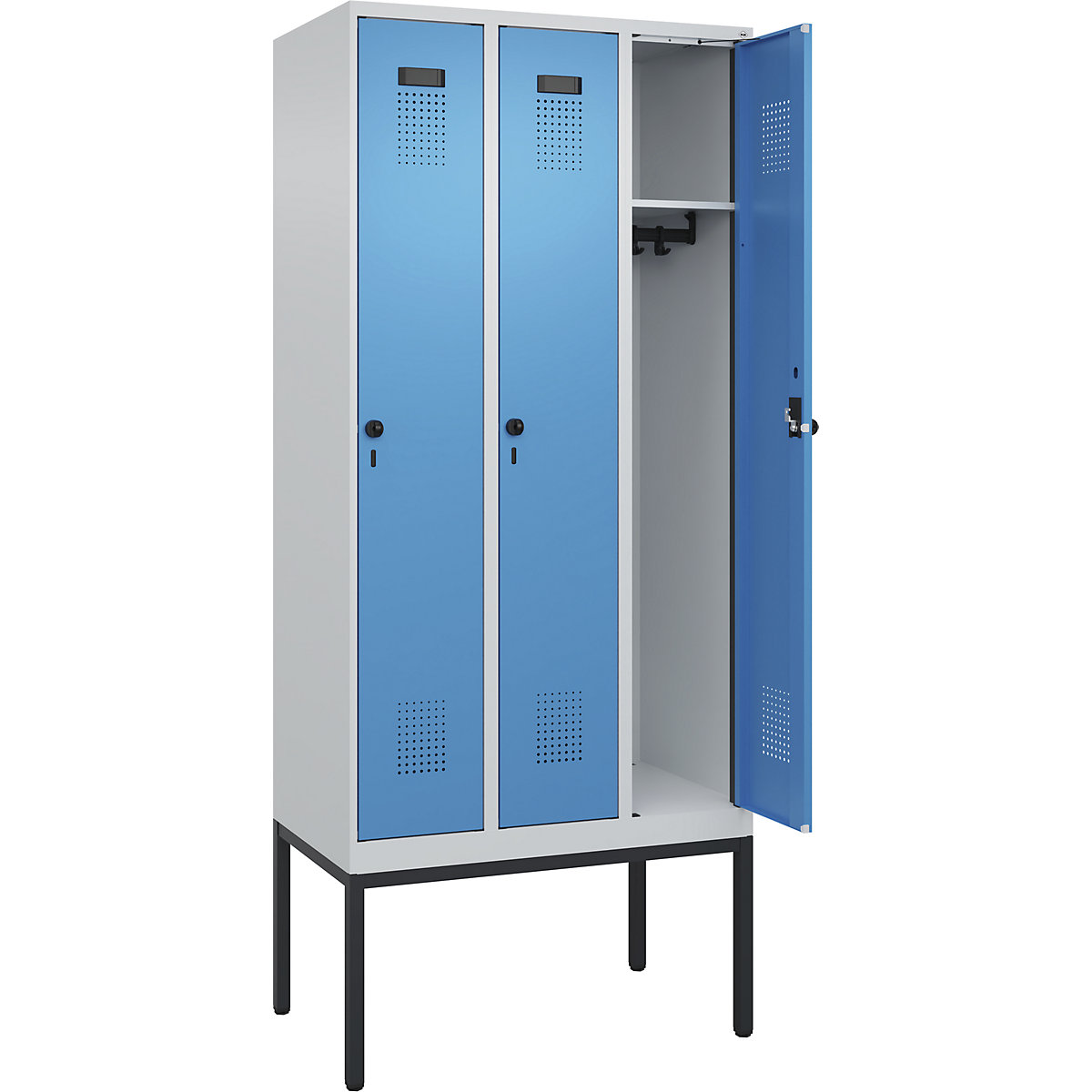 Armadietto Evolo PLUS – C+P, 3 scomparti, grigio chiaro / blu chiaro, largh. 900 mm, con piedini stretti, serratura girevole-0