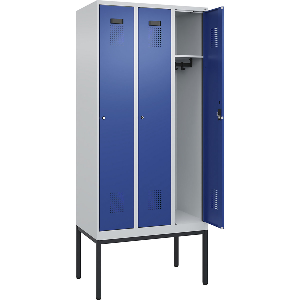 Armadietto Evolo PLUS – C+P, 3 scomparti, grigio chiaro / blu genziana, largh. 900 mm, con piedini stretti, serratura a cilindro-0