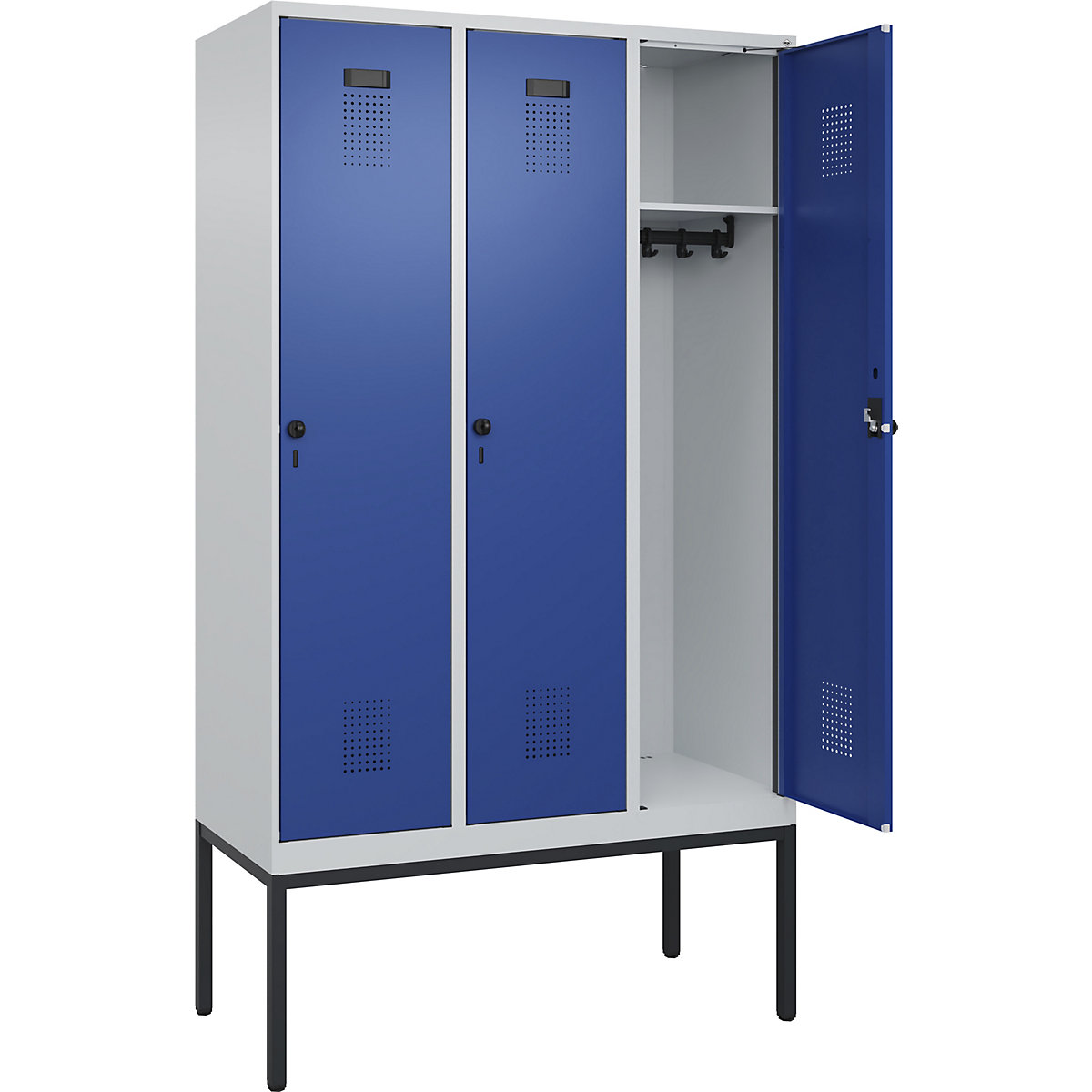 Armadietto Evolo PLUS – C+P, 3 scomparti, grigio chiaro / blu genziana, largh. 1200 mm, con piedini stretti, serratura girevole-0