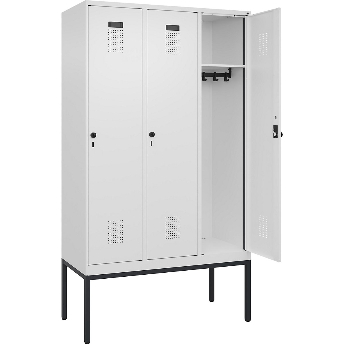 Armadietto Evolo PLUS – C+P, 3 scomparti, bianco traffico, largh. 1200 mm, con piedini stretti, serratura girevole-0