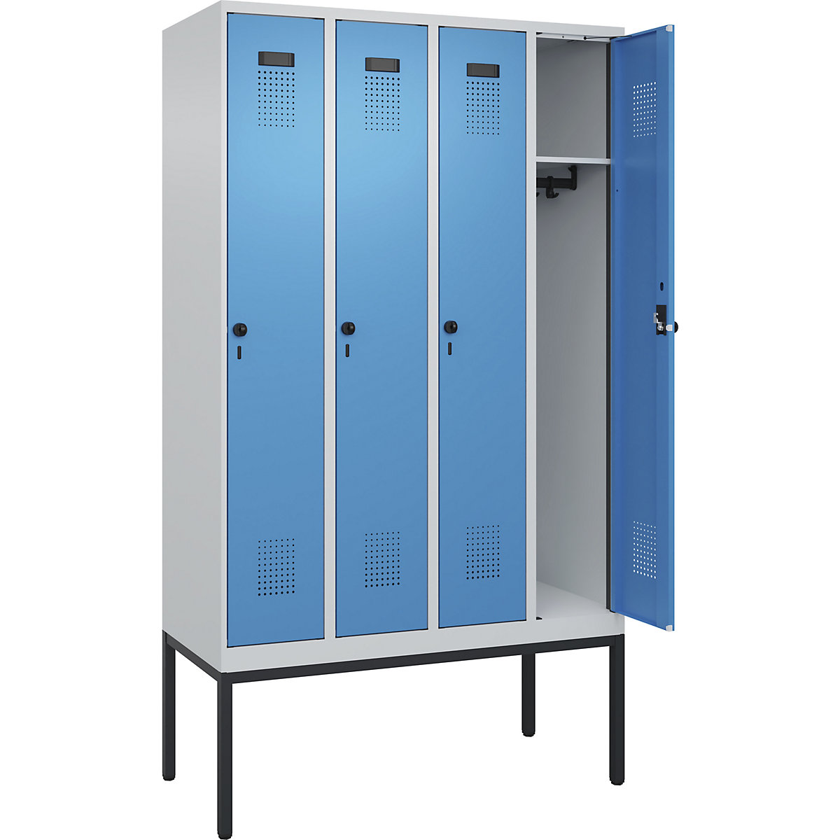 Armadietto Evolo PLUS – C+P, 4 scomparti, grigio chiaro / blu chiaro, largh. 1200 mm, con piedini stretti, serratura girevole-0