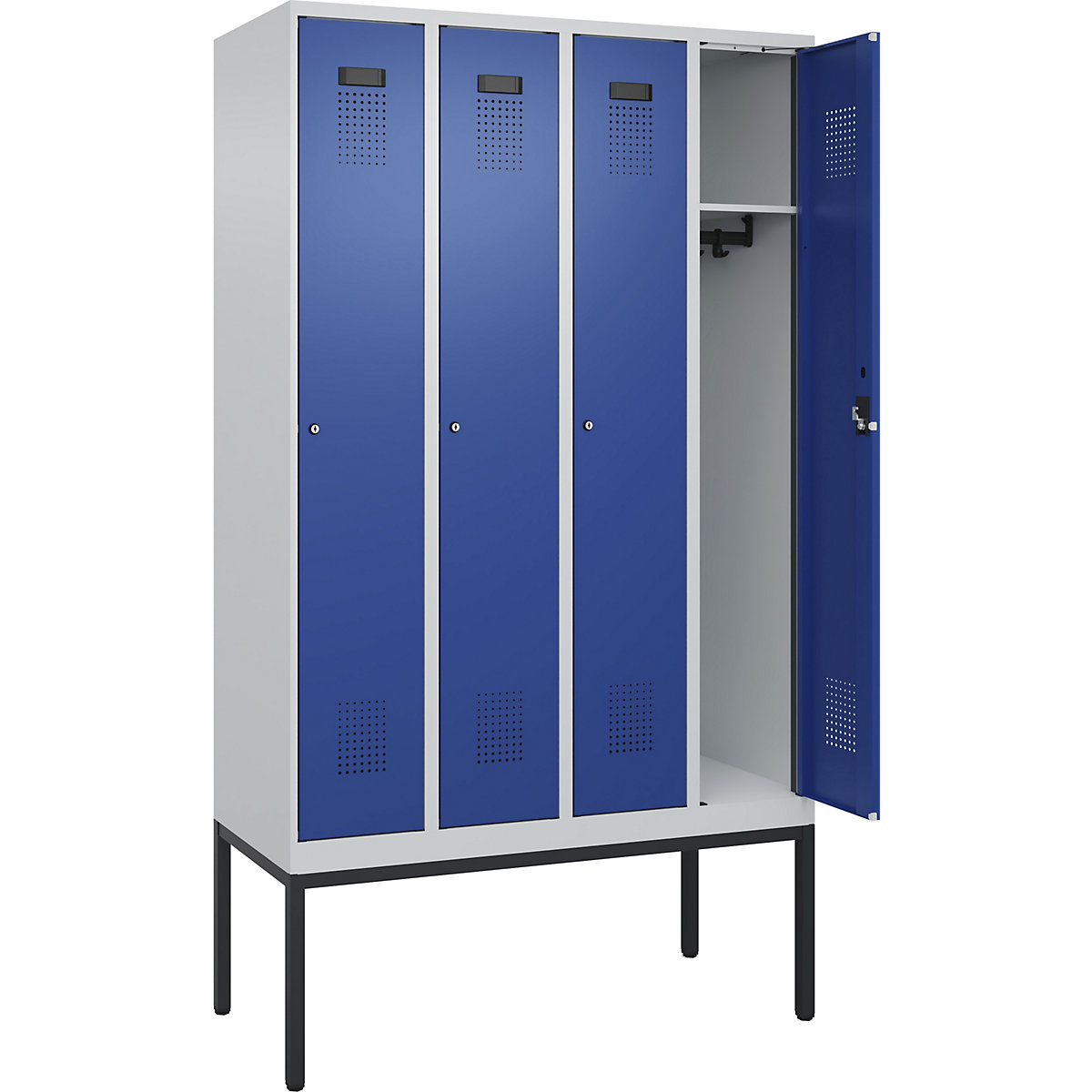 Armadietto Evolo PLUS – C+P, 4 scomparti, grigio chiaro / blu genziana, largh. 1200 mm, con piedini stretti, serratura a cilindro-0