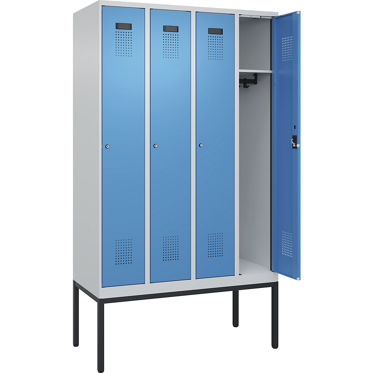 Armadietto Evolo PLUS – C+P, 4 scomparti, grigio chiaro / blu chiaro, largh. 1200 mm, con piedini stretti, serratura a cilindro-0