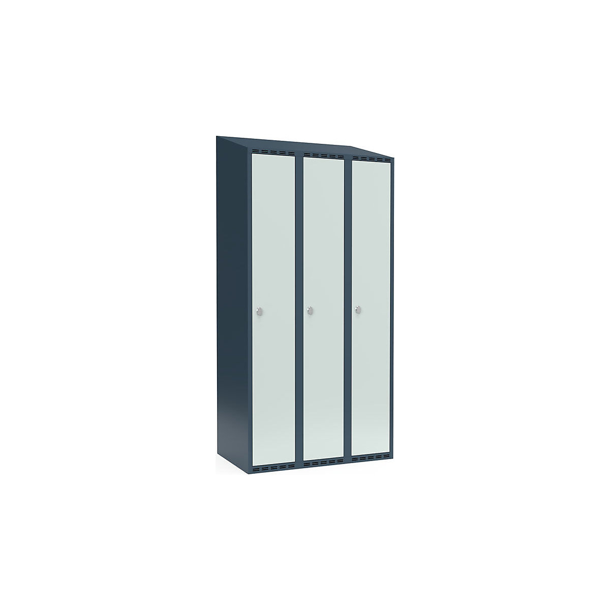 Armadietto Fydor, 3 scomparti, grigio-azzurro / grigio chiaro, largh. 900 mm, 3 scomparti, tetto inclinato, lucchetto-0