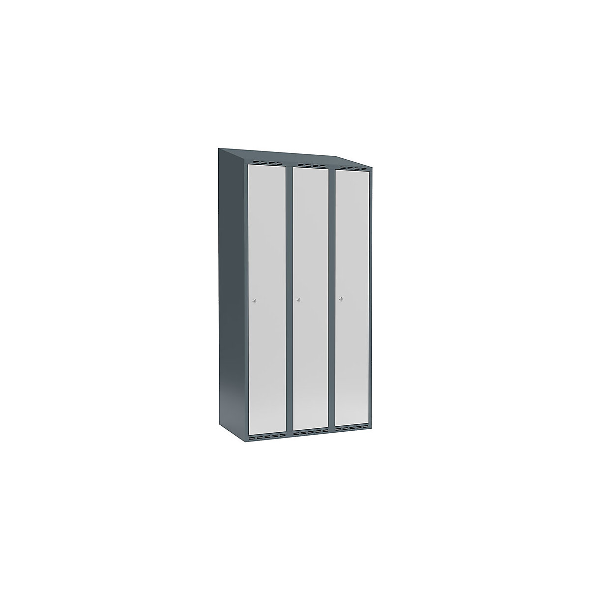 Armadietto Fydor, 3 scomparti, grigio-azzurro / grigio chiaro, largh. 900 mm, 3 scomparti, tetto inclinato, serratura a cilindro-0
