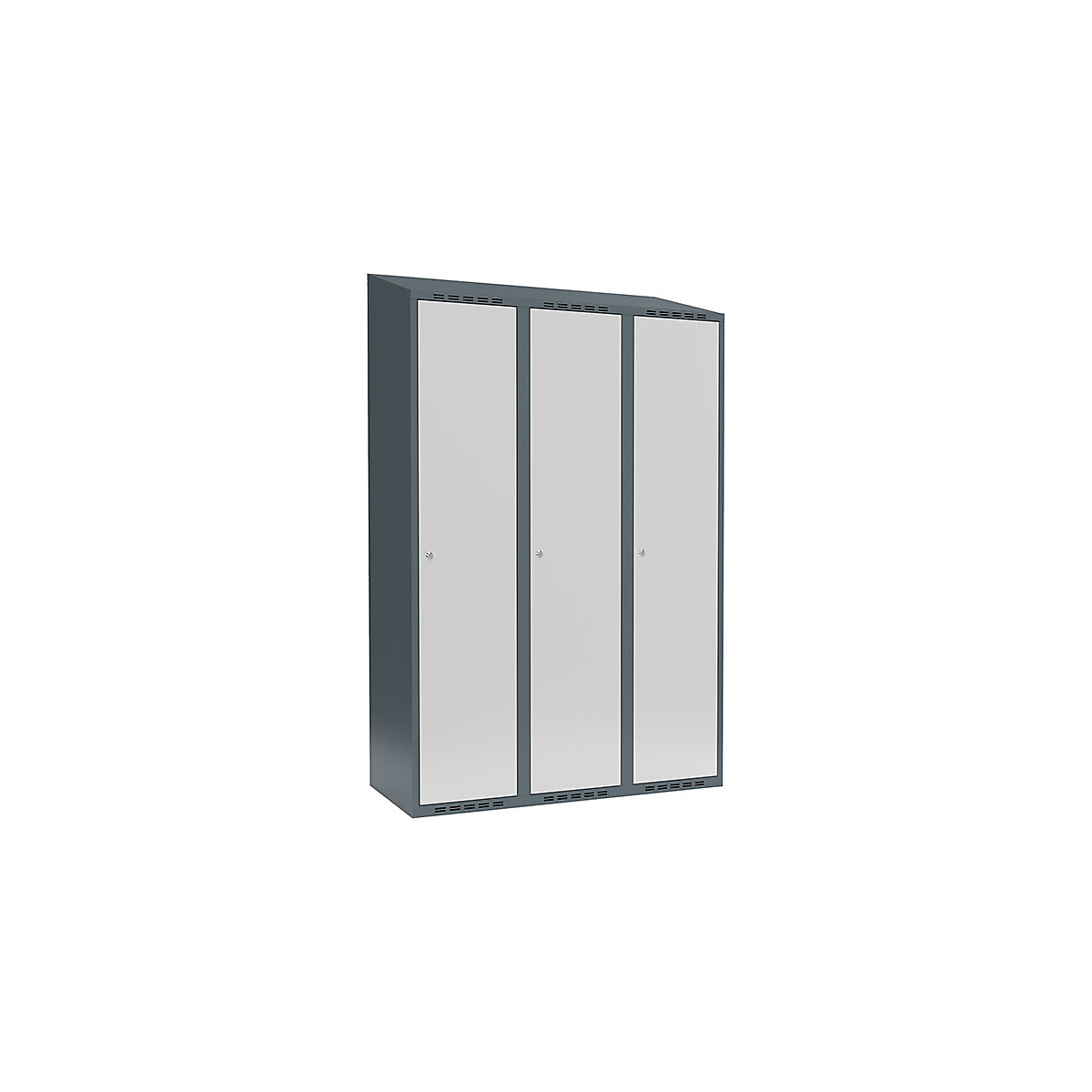 Armadietto Fydor, 3 scomparti, grigio-azzurro / grigio chiaro, largh. 1200 mm, 3 scomparti, tetto inclinato, serratura a cilindro-0