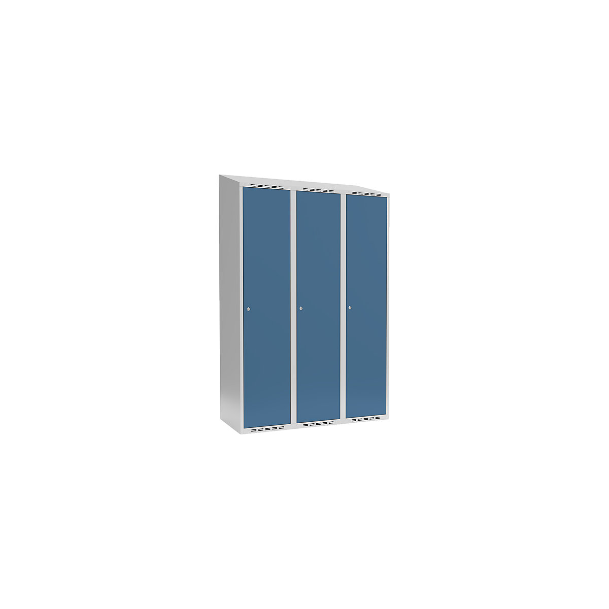 Armadietto Fydor, 3 scomparti, grigio chiaro / blu brillante, largh. 1200 mm, 3 scomparti, tetto inclinato, serratura a cilindro-0