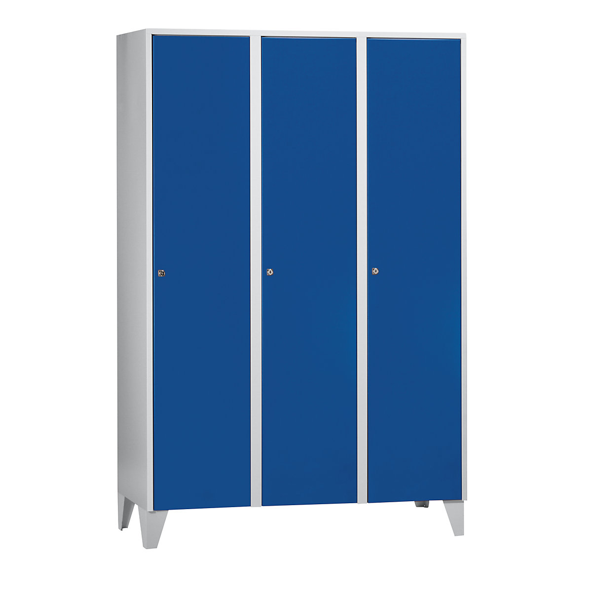 Armadietto München – Wolf, 3 scomparti, grigio chiaro / blu genziana, largh. 1200 mm, con piedini-0