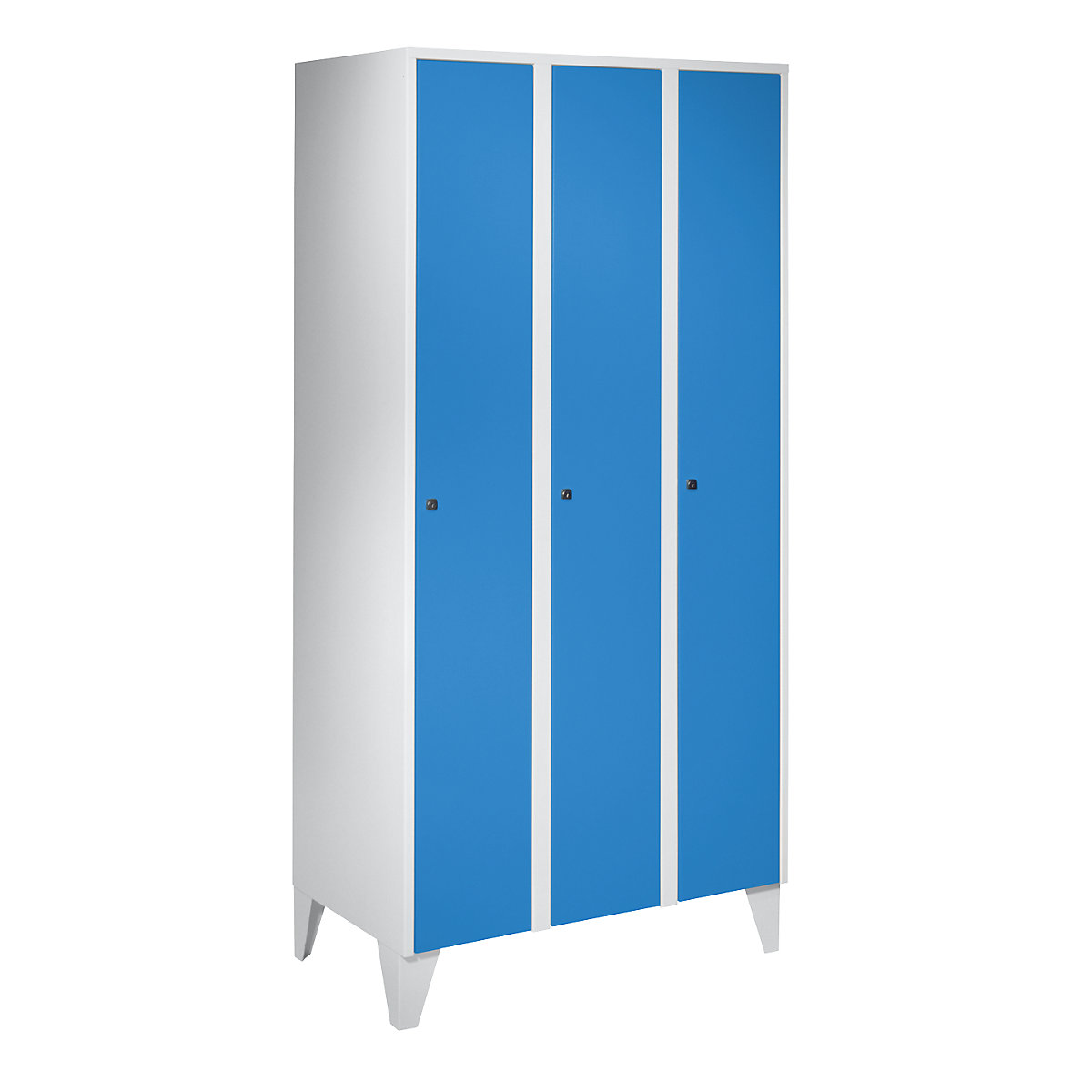 Armadietto München – Wolf, 3 scomparti, grigio chiaro / blu chiaro, largh. 900 mm, con piedini-0
