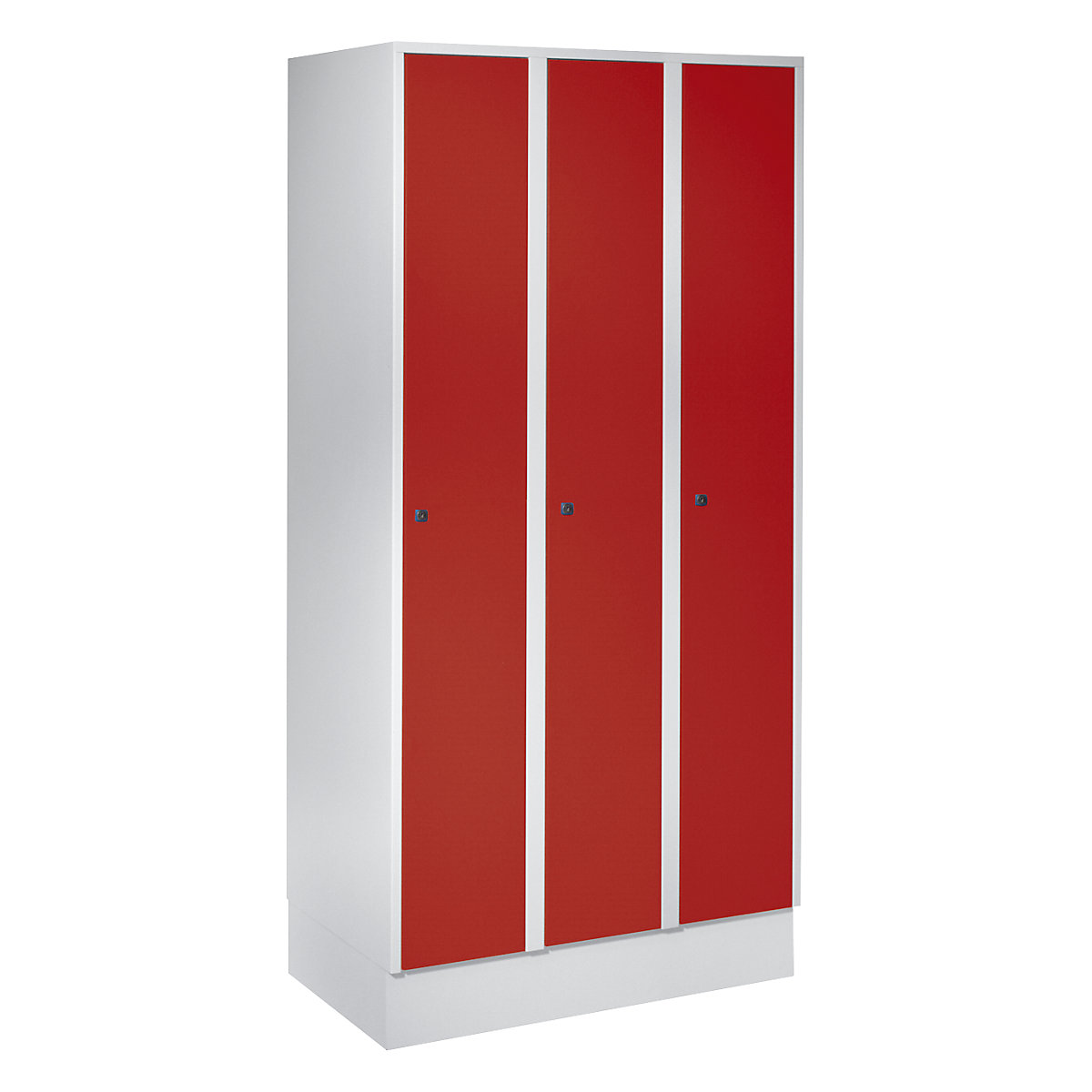 Armadietto München – Wolf, 3 scomparti, grigio chiaro / rosso fuoco, largh. 900 mm, con zoccolino-0