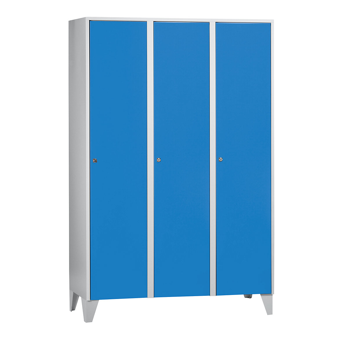 Armadietto München – Wolf, 3 scomparti, grigio chiaro / blu chiaro, largh. 1200 mm, con piedini-0