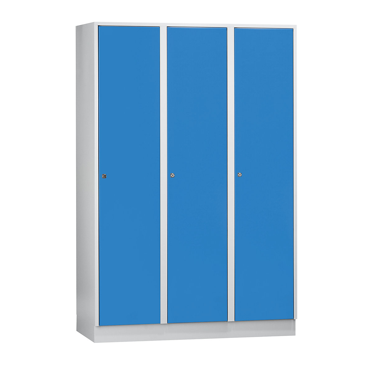 Armadietto München – Wolf, 3 scomparti, grigio chiaro / blu chiaro, largh. 1200 mm, con zoccolino-0