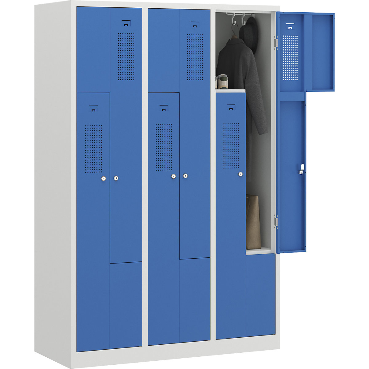 Armadietto a Z Amsterdam – eurokraft basic, 3 scomparti, grigio chiaro / blu chiaro, larghezza 1185 mm-0