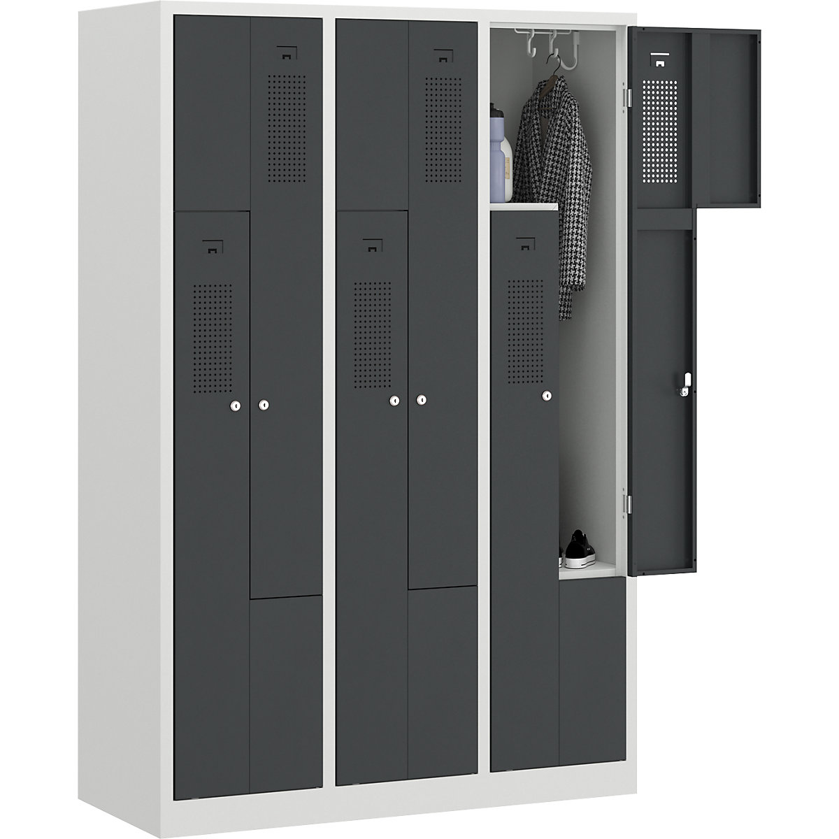 Armadietto a Z Amsterdam – eurokraft basic, 3 scomparti, grigio chiaro / grigio basalto, larghezza 1185 mm-0