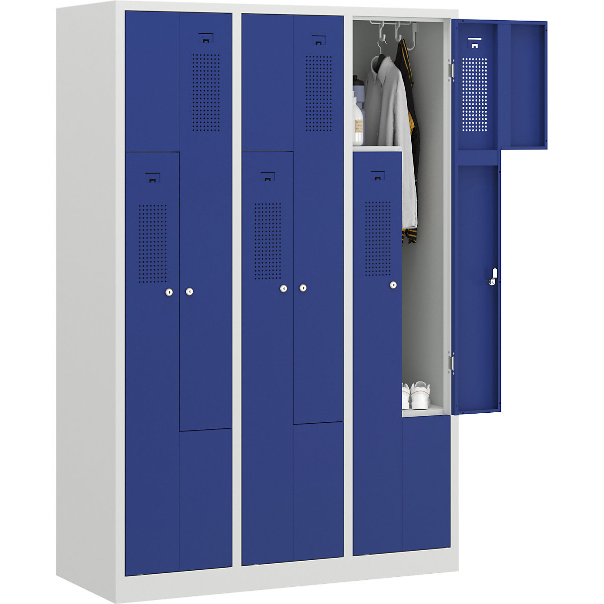 Armadietto a Z Amsterdam – eurokraft basic, 3 scomparti, grigio chiaro / blu genziana, larghezza 1185 mm-0