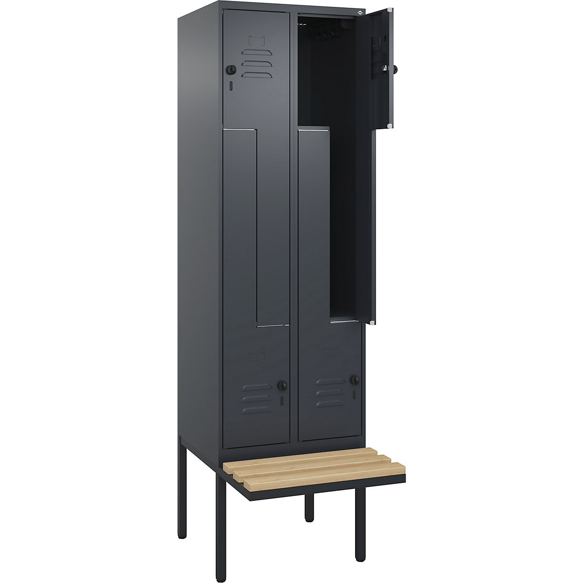 Armadietto a Z Classic PLUS con panca – C+P, 2 scomparti, grigio, largh. 600 mm, serratura girevole di sicurezza, panca sporgente, legno duro di faggio-0