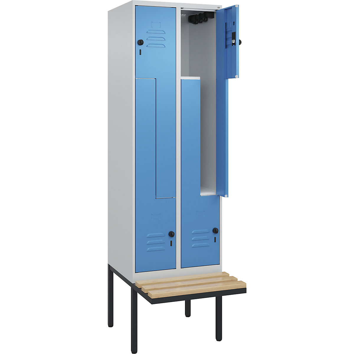 Armadietto a Z Classic PLUS con panca – C+P, 2 scomparti, grigio chiaro / blu chiaro, largh. 600 mm, serratura girevole di sicurezza, panca sporgente, legno duro di faggio-0